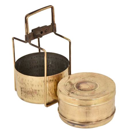 Traditional Brass Tiffin Box With Hammered Two Container Brass Strap Frame