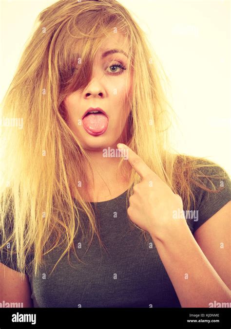 Bad Hairstyle Not Fresh Food Concept Sad Blonde Woman With Messy Hair