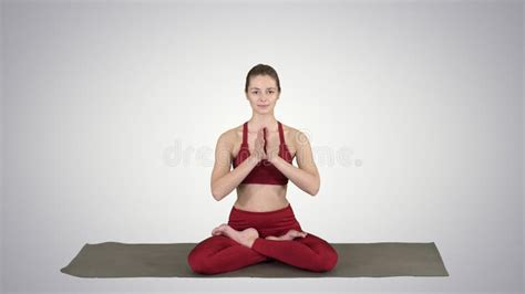 Smiling Woman Yoga Meditating Sitting Lotus Hands Coupled On Gradient