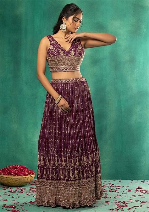 Buy Women Purple Sequin Zari Stripe Embroidered Lehenga Set With