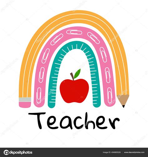 Teacher Rainbow School Rainbow Red Apple Pencil Ruler Vector