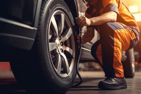 Premium Ai Image Mechanic Crouching While Fixing Car Tire Generative Ai