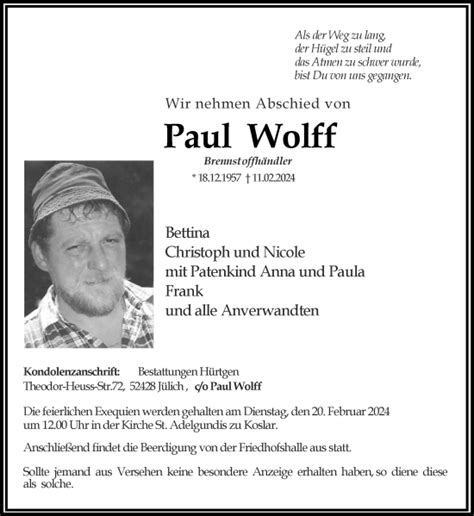 Traueranzeigen Von Paul Wolff Aachen Gedenkt