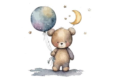 Urso de pelúcia fofo um balão de estrela na lua em estilo aquarela