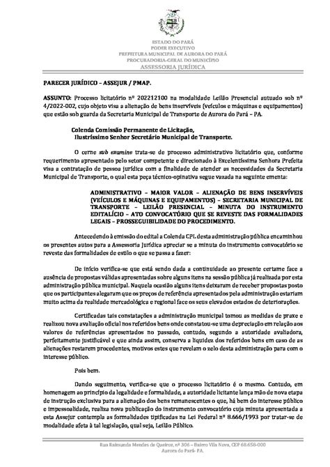 PARECER JURIDICO Prefeitura Municipal de Aurora do Pará Gestão 2021