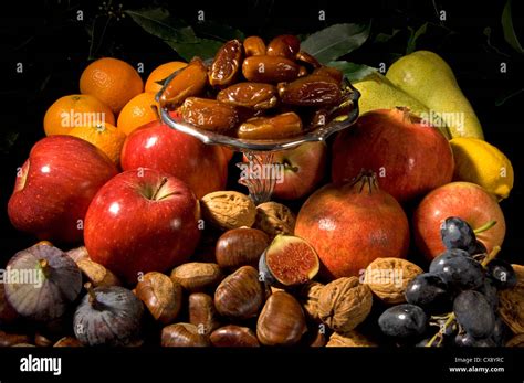 Group Photo Still Life Of Festive Fruit And Nuts At Autumn