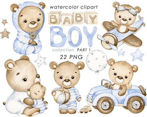 Teddy Bear Watercolor Clipart Baby Boy Clip Art Nursery Etsy Nederland