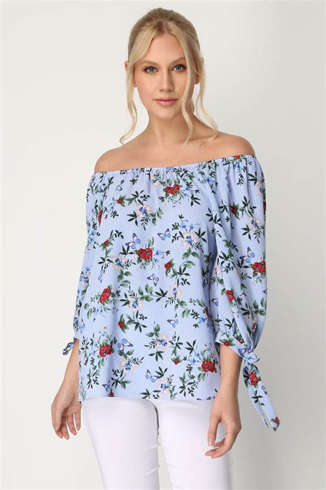 Stripe Floral Print Bardot Top In Blue Roman Originals Uk