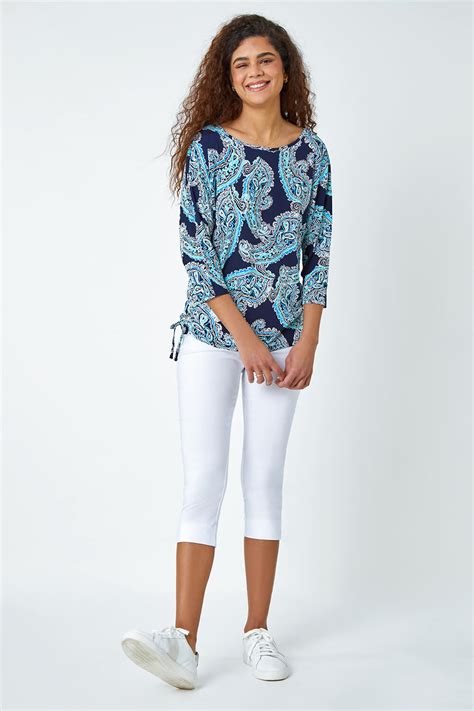 Blue Textured Paisley Print Stretch Top Roman UK