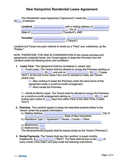 Free New Hampshire Standard Residential Lease Agreement Template Pdf