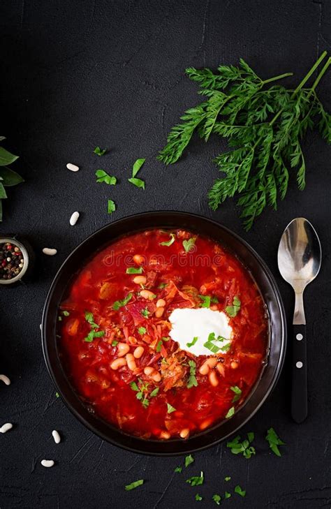 Traditional Ukrainian Russian Borscht With White Beans On The Black