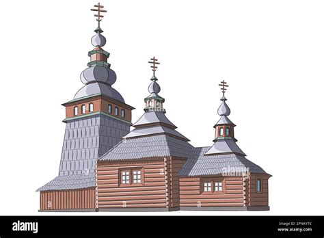 Vector illustration of a wooden Orthodox Ukrainian church with crosses ...