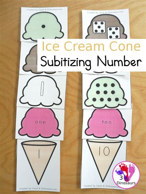 Free Ice Cream Subitizing Number Practice Matching Cards 3 Dinosaurs