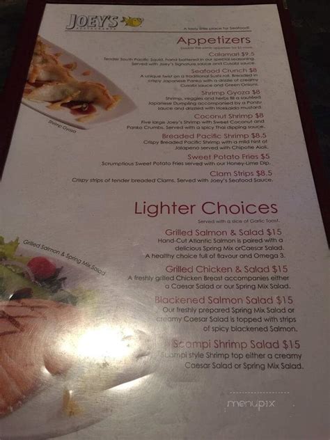 Menu Of Joeys Only Seafood Restaurants In Thunder Bay On P7e 2w1