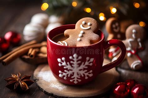 Gingerbread Man In A Cup Of Hot Chocolate Or Cocoa AI Generated Stock
