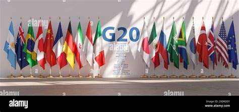 G20 Summit Or Meeting Concept Row From Flags Of All Members Of G20