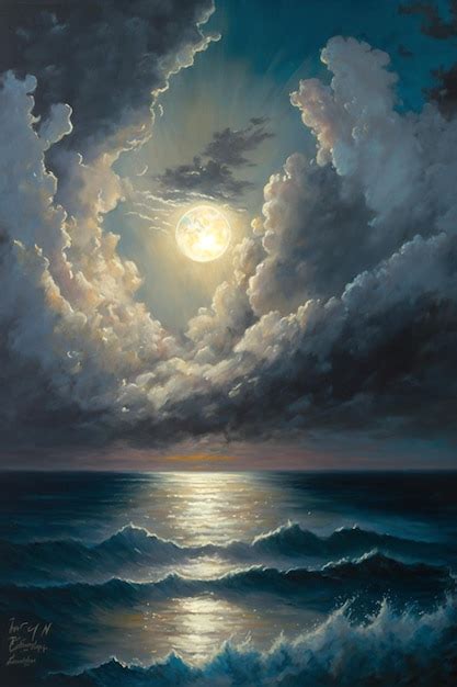 Premium AI Image | A painting of a moonlit ocean with clouds and the sun shining down on the water.