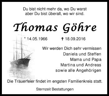 Traueranzeigen von Thomas Göhre nordwest trauer de