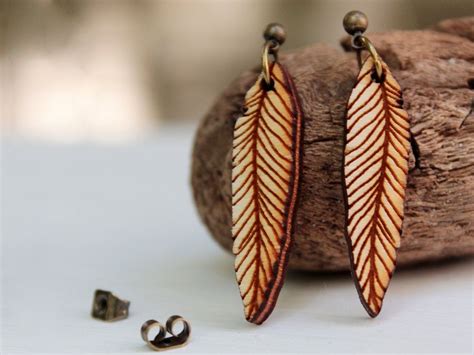 Wood Feather Earrings Boho By Goldenspleen On Etsy Wood Feather Wood