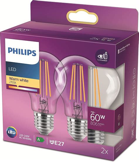 Philips Led Premium Classic A60 Light Bulb 2 Pack E27 Edison Screw 7w