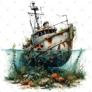 Shipwreck Submerged In Water Clipart Bundle High Quality Watercolor