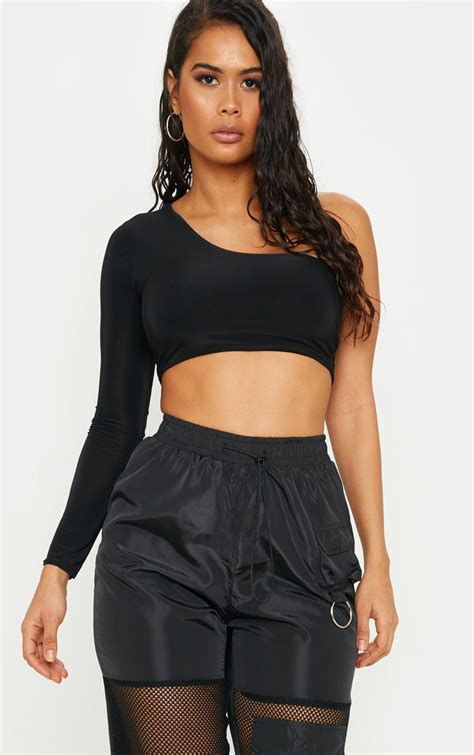 Black One Shoulder Slinky Crop Top Tops Prettylittlething Aus