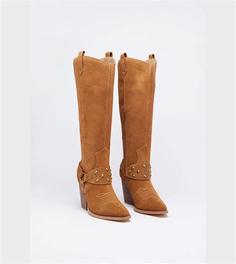 Buy Warehouse Outlet Suede Harness Detail Knee High Cowboy Boots In Tan