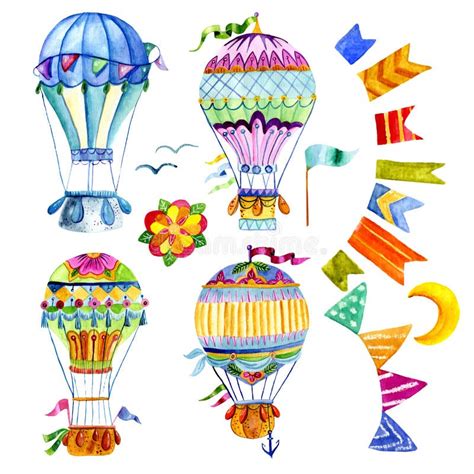 Aerostat Set Watercolor Hot Air Balloon Set Stock Illustration