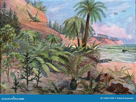 Landscape of the Jurassic Period, Vintage Engraving Stock Illustration ...