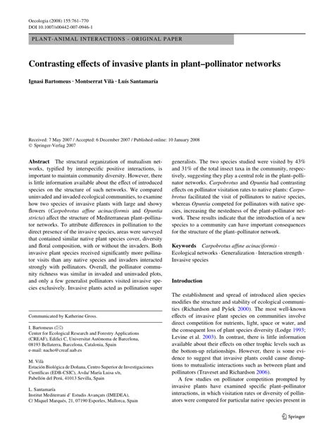 Pdf Contrasting Effects Of Invasive Plant Pollinator Networks