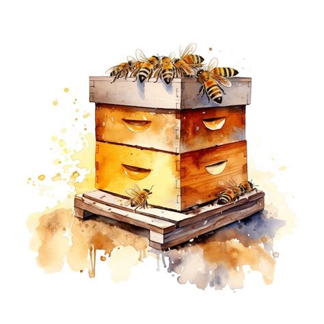 Arte De Pintura De Acuarela De Colmena De Abejas Vector Premium