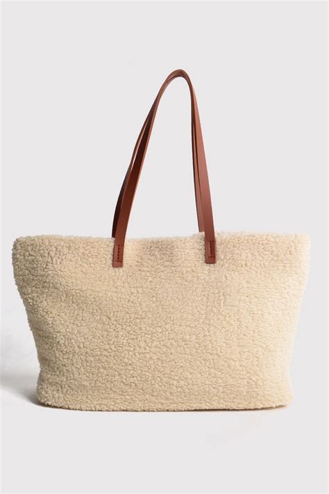 Krem Deri Saplı Peluş Tote Çanta Berlesi