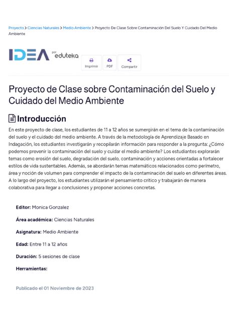 Proyecto De Clase Sobre Contaminación Del Suelo Y Cuidado Del Medio Ambiente Pdf