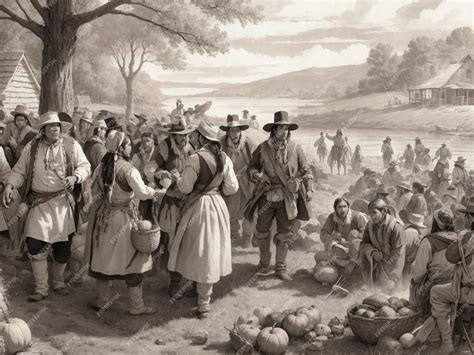 Premium AI Image | a scene from the past showcasing the Pilgrims and Native Americans coming ...