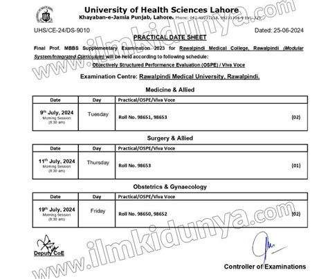 University Of Health Sciences Lahore Date Sheets 2025 Of Mbbs Bds