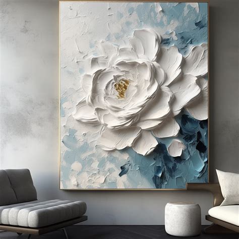 Original Blue Flower Oil Painting On Canvas 3d White Flower Painting