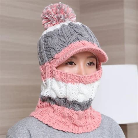 Knit Scarf Skullies Beanies Winter Hats For Women Wool Knitted Balaclava Full Face Mask Cap Plus