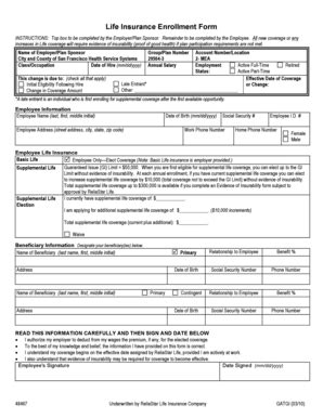 Fillable Online Myhss Life Insurance Enrollment Form San Francisco