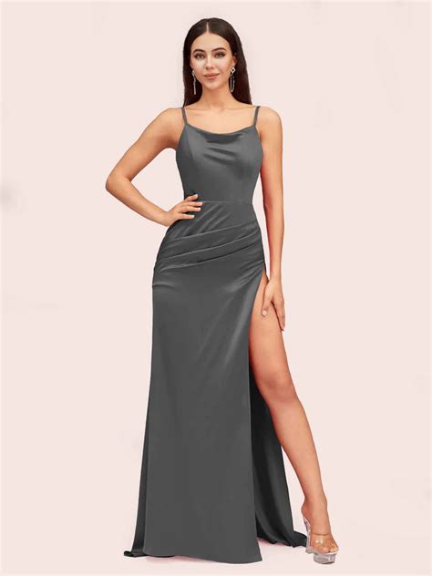 Steel Grey Satin Prom Dresses Rush Service Available Cetims