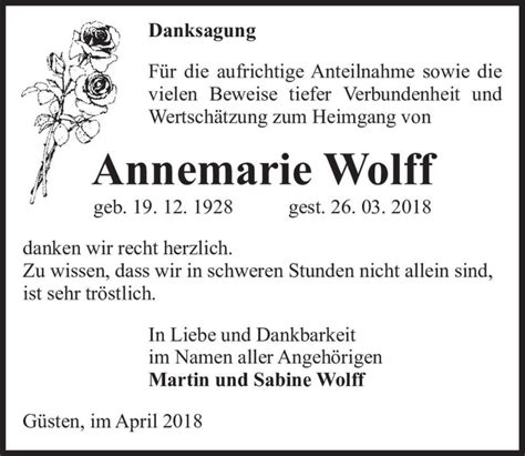 Traueranzeigen Von Annemarie Wolff Abschied Nehmen De