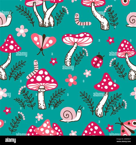 Seamless Pattern Of Amanita Mushrooms Hand Drawn Vector Illustration