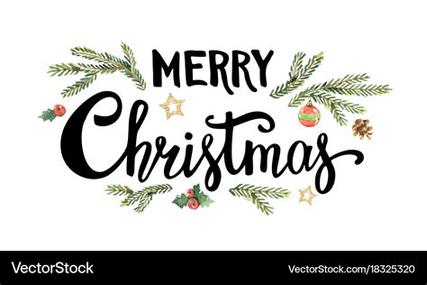 Merry Christmas Lettering With Watercolor Fir Vector Image