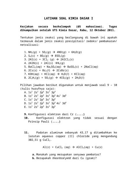 Doc Latihan Soal Kimia Dasar I Sistem Informasi Sintakunikaacidstaffbloguploaded