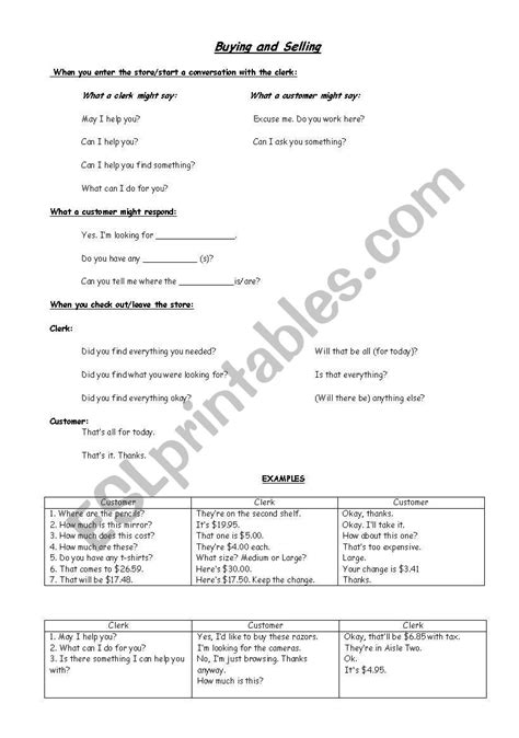 English Worksheets Buying And Selling