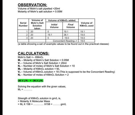 Solved Observation Volume Of Mohr S Salt Pipetted Ml Molarity Of