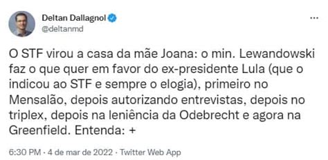 Dallagnol ataca Lewandowski e diz que STF virou casa da mãe Joana