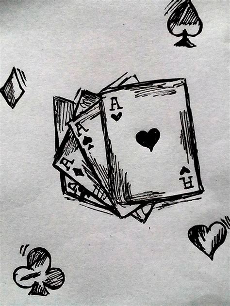 Four Playing Cards With Hearts And Spades Drawn On Them All In Black Ink