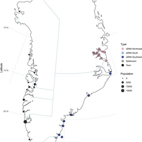 Map of Greenland with numbers of human inhabitants in towns (black) and... | Download Scientific ...