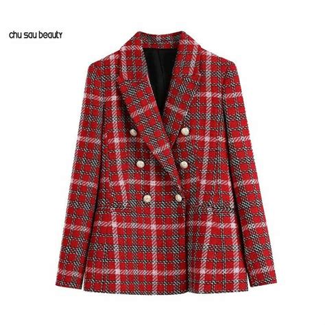 Frauen 2020 Mode Double Breasted Check Tweed Mantel Vintage Lang Hülle