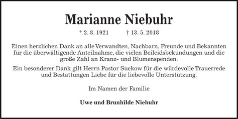 Traueranzeigen Von Marianne Niebuhr Trauer Anzeigen De